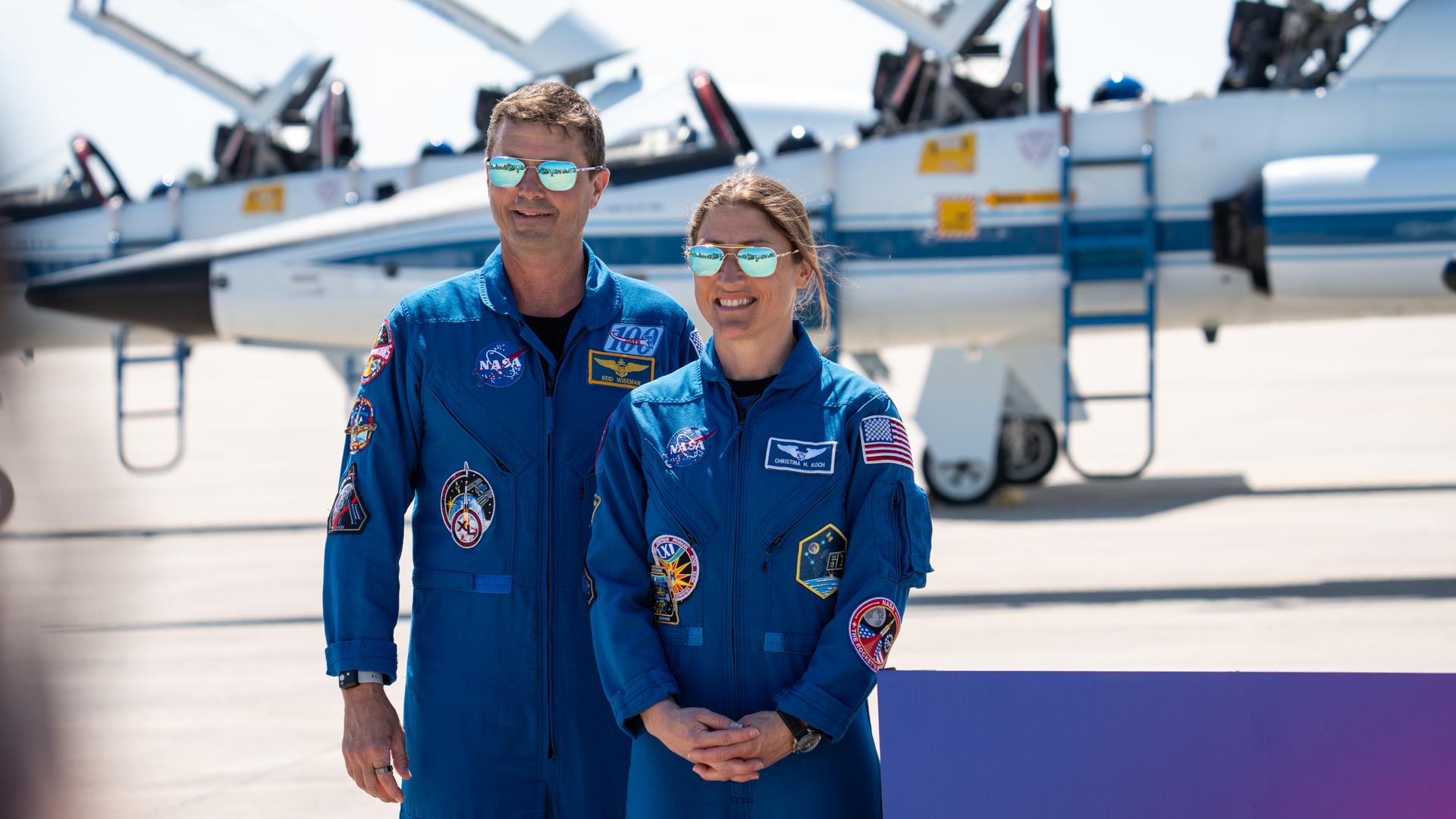 These images show the moments shortly after the arrival of the Artemis II crew to NASA’s Kennedy Space Center on March 27, 2026 ahead of the launch. The four astronauts, Victor Glover, Reid Wiseman, Christina Koch, and Jeremy Hansen, arrived on a T38, which can be seen behind them. They took turns speaking to the crowd as they also announced the zero-gravity indicator they would be taking with them on their journey.
